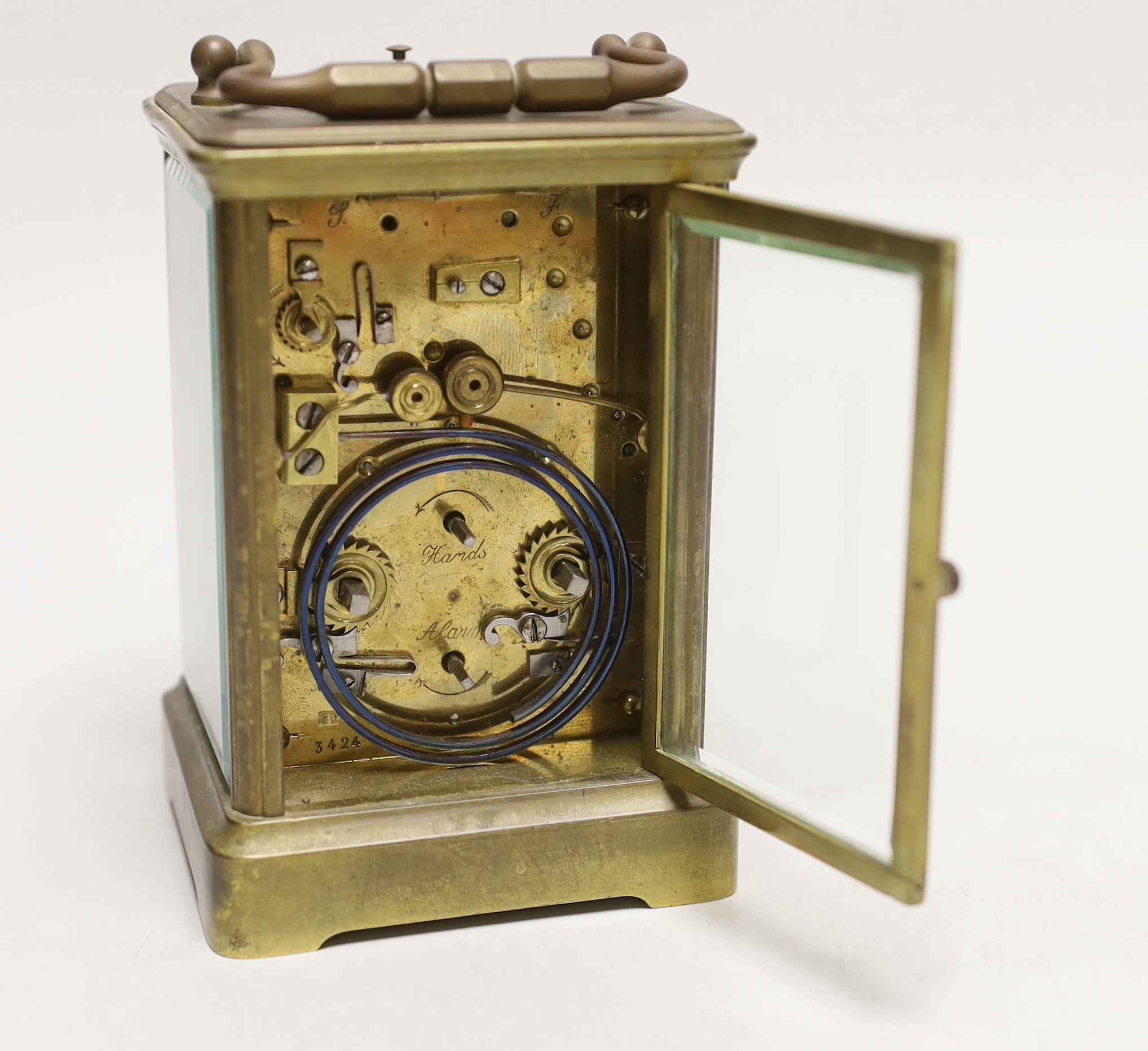 A repeating carriage clock with alarm dial, movement signed for Charles Vincenti, with retailer John Walker, 230 Regent Street London to enamel face, 13.5cm high